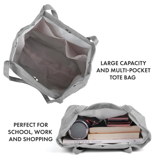 Women’s Corduroy Tote Bag, Water resistant Shoulder Bag in Grey - Image 3