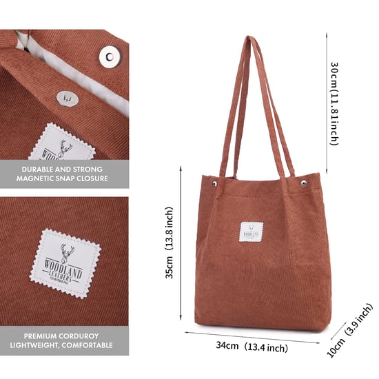 Women’s Corduroy Tote Bag, Water resistant Shoulder Bag in Brown - Image 2