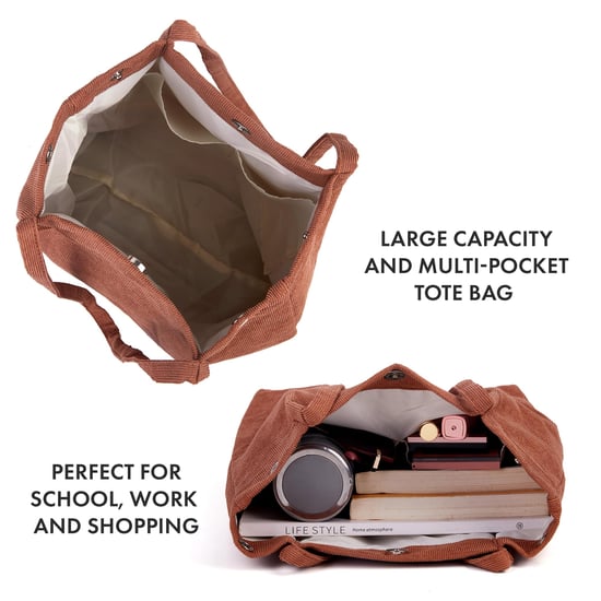 Women’s Corduroy Tote Bag, Water resistant Shoulder Bag in Brown - Image 3