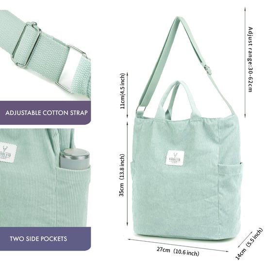 Women’s Corduroy Shoulder Bag, Large Capacity Travel Handbag in Light Green - Image 2