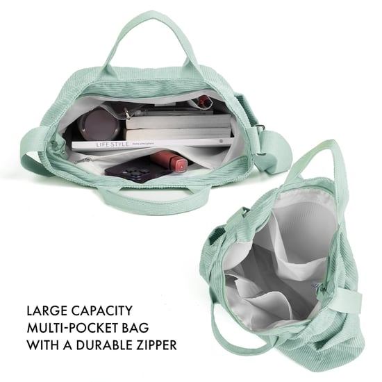 Women’s Corduroy Shoulder Bag, Large Capacity Travel Handbag in Light Green - Image 4