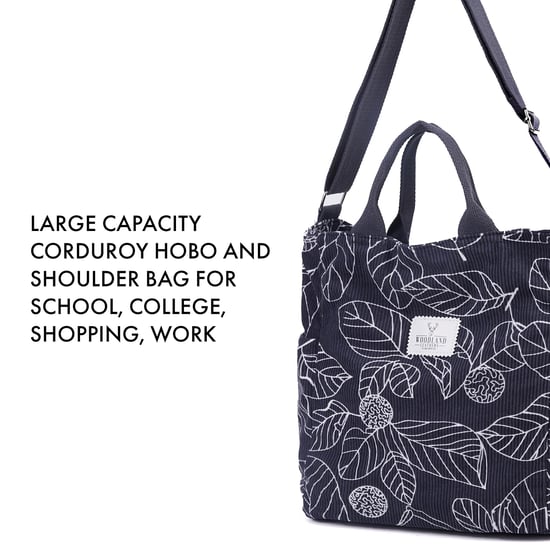 Women’s Corduroy Shoulder Bag, Large Capacity Travel Handbag in Grey Leaf - Image 5