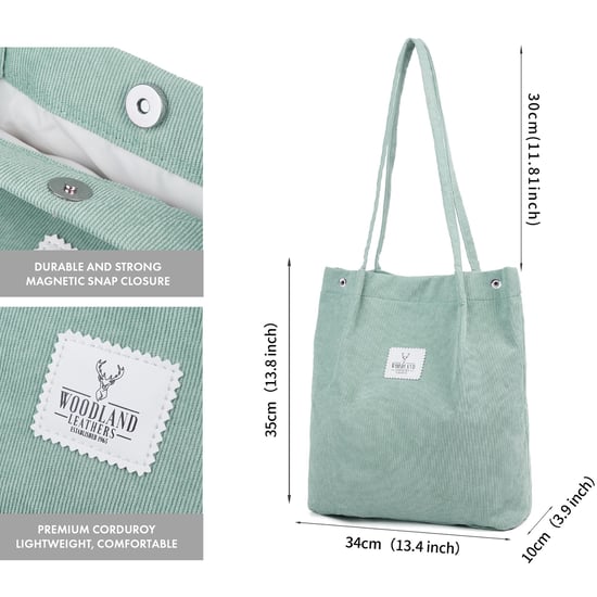 Women’s Corduroy Tote Bag, Water resistant Shoulder Bag in Light Green - Image 2