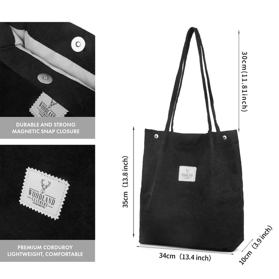 Women’s Corduroy Tote Bag, Water resistant Shoulder Bag in Black - Image 3