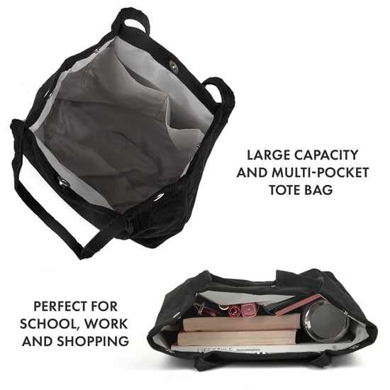 Women’s Corduroy Tote Bag, Water resistant Shoulder Bag in Black - Image 4