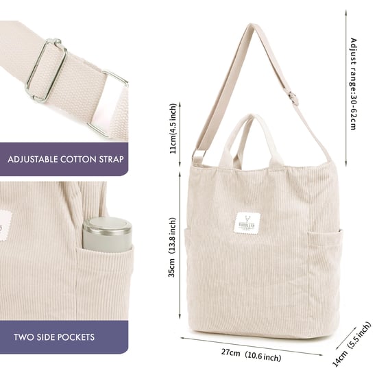 Women’s Corduroy Shoulder Bag, Large Capacity Travel Handbag in Beige - Image 2