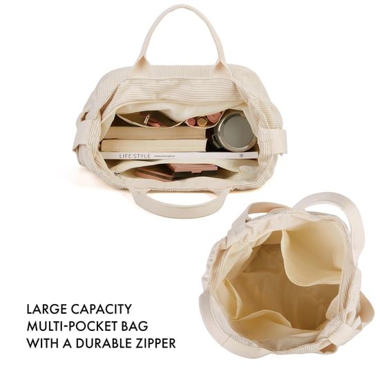Women’s Corduroy Shoulder Bag, Large Capacity Travel Handbag in Beige - Image 4