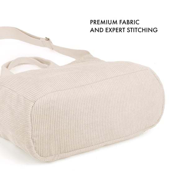 Women’s Corduroy Shoulder Bag, Large Capacity Travel Handbag in Beige - Image 5