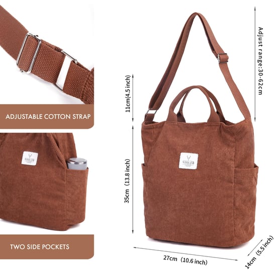 Women’s Corduroy Shoulder Bag, Large Capacity Travel Handbag in Brown - Image 3