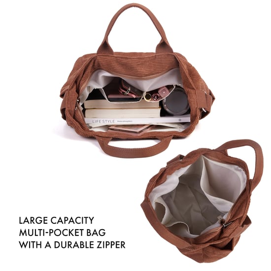 Women’s Corduroy Shoulder Bag, Large Capacity Travel Handbag in Brown - Image 4