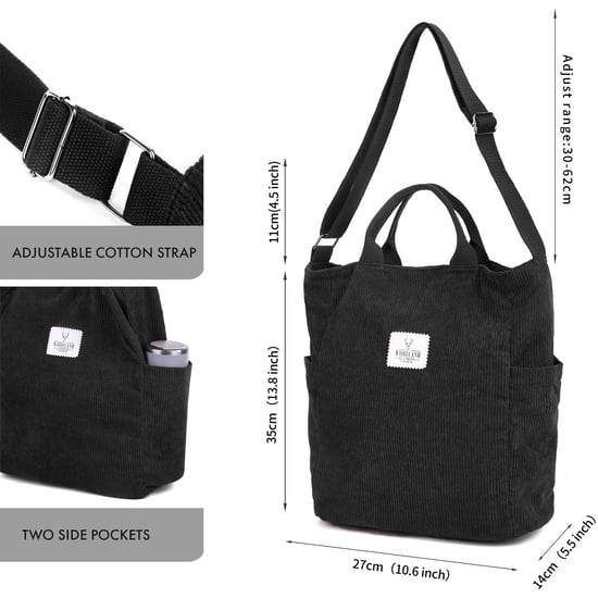 Women’s Corduroy Shoulder Bag, Large Capacity Travel Handbag in Black - Image 3