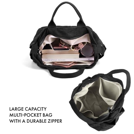 Women’s Corduroy Shoulder Bag, Large Capacity Travel Handbag in Black - Image 4