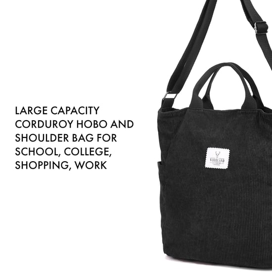 Women’s Corduroy Shoulder Bag, Large Capacity Travel Handbag in Black - Image 5
