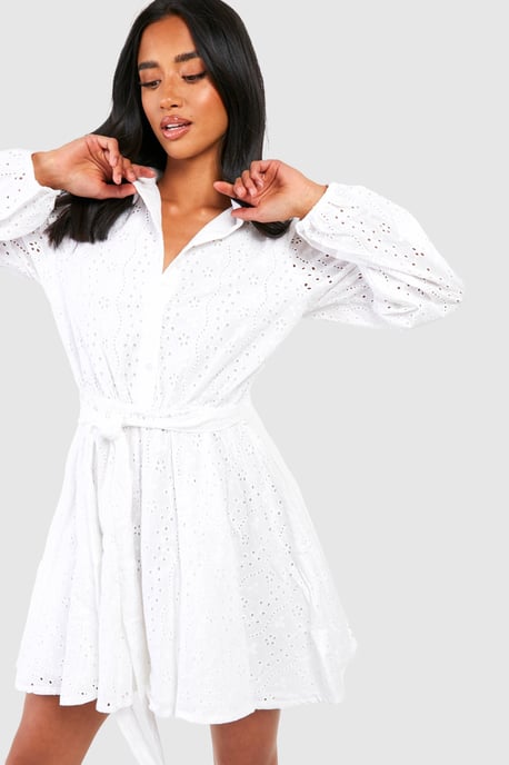 Petite Broderie Belted Skater Shirt Dress - Image 3