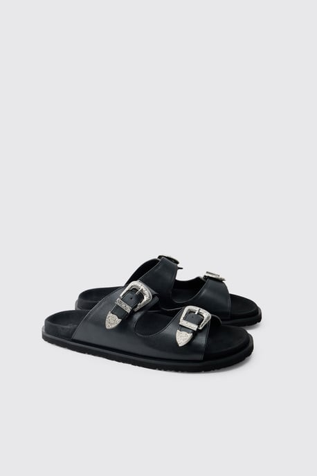 Faux Suede Double Strap Western Buckle Sandal - Image 1