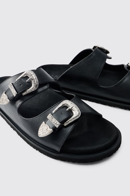 Faux Suede Double Strap Western Buckle Sandal - Image 3