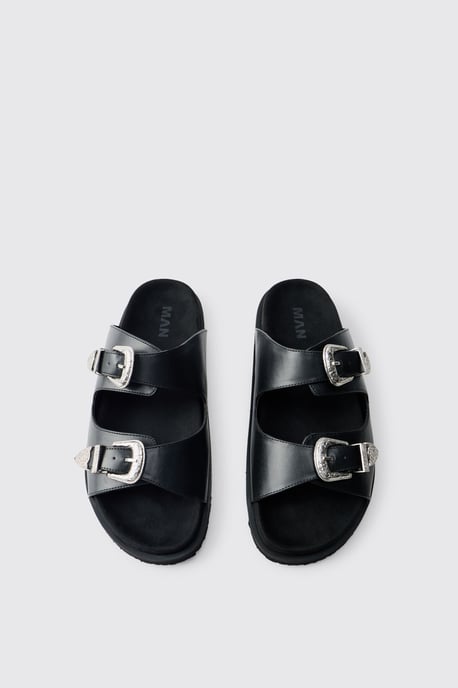 Faux Suede Double Strap Western Buckle Sandal - Image 4