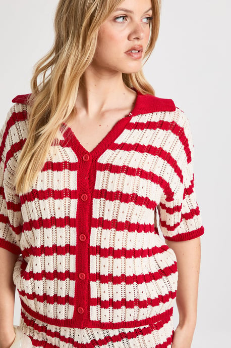 Petite Crochet Stripe Collared Shirt and Short Co-Ord - Image 3