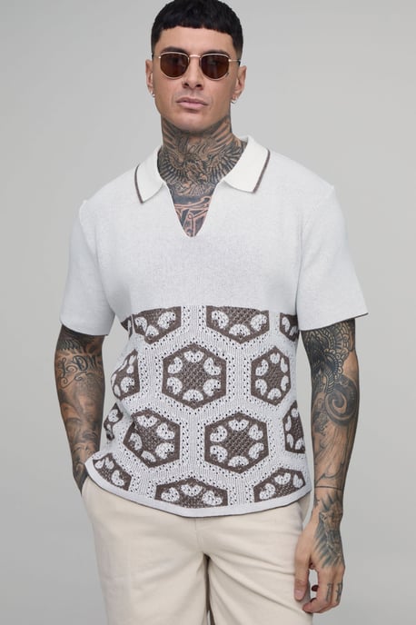 Tall Oversized Boxy Crochet Tapestry Knitted Polo - Image 1