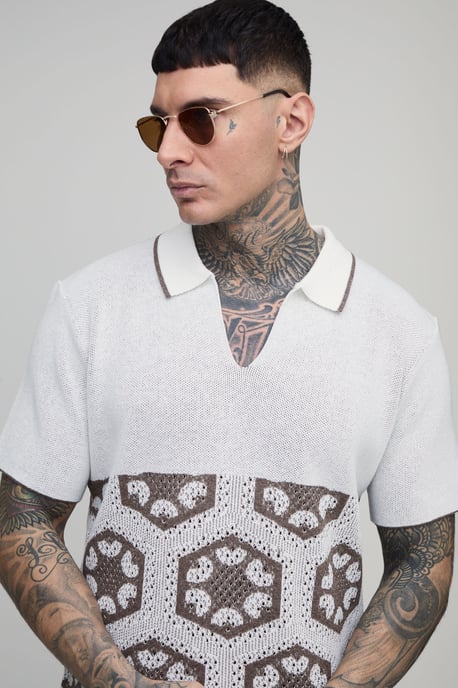 Tall Oversized Boxy Crochet Tapestry Knitted Polo - Image 3