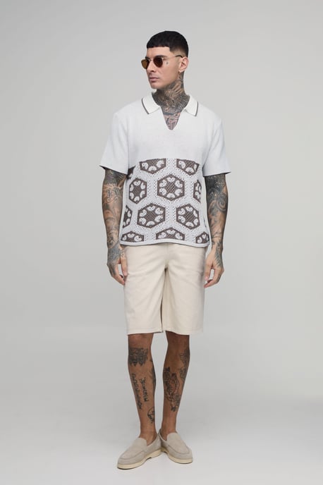Tall Oversized Boxy Crochet Tapestry Knitted Polo - Image 4