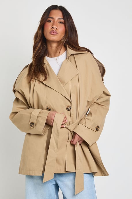 Oversized Collared Belted Short Trench Jacket - Image 1