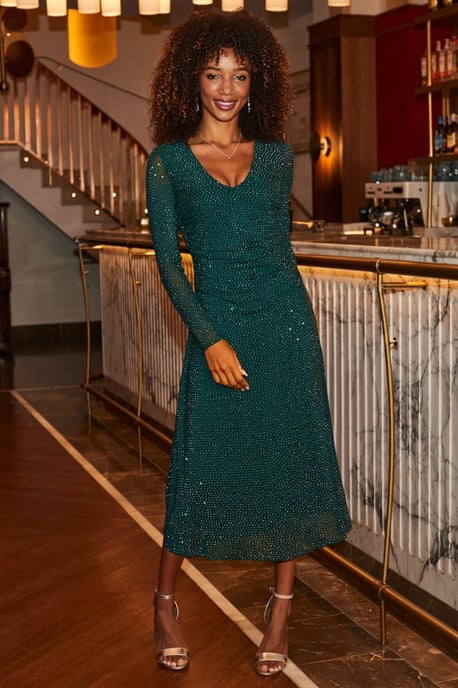 Emerald Green Embellished Fit & Flare Midi Dress - Image 1