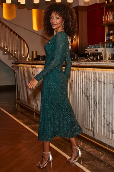 Emerald Green Embellished Fit & Flare Midi Dress - Image 2