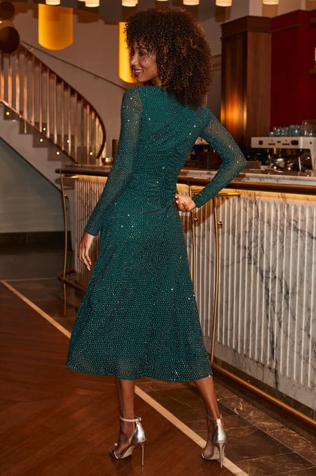 Emerald Green Embellished Fit & Flare Midi Dress - Image 3