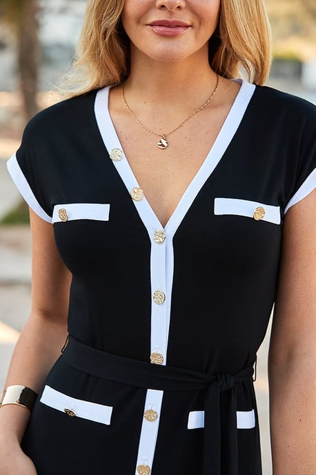 Black & White Contrast Trim Gold Button Dress - Image 3