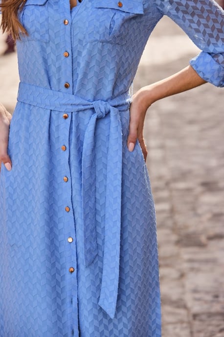 Cornflower Blue Textured Belted Shirt Dress - Image 4