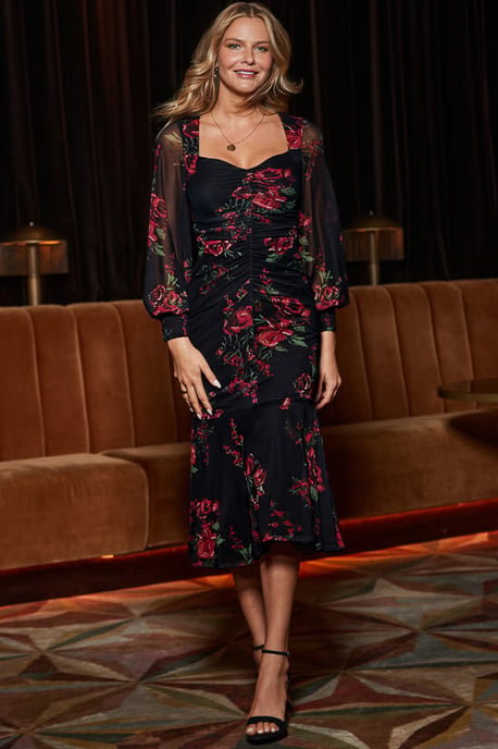 Black Floral Print Ruched Fit & Flare Dress - Image 5