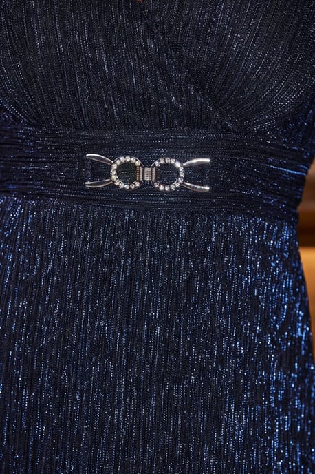 Midnight Blue Metallic Plisse Belted Fit & Flare Dress - Image 3