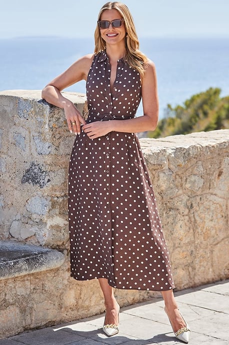 Brown Spot Print Linen Blend Midi Shirt Dress - Image 4