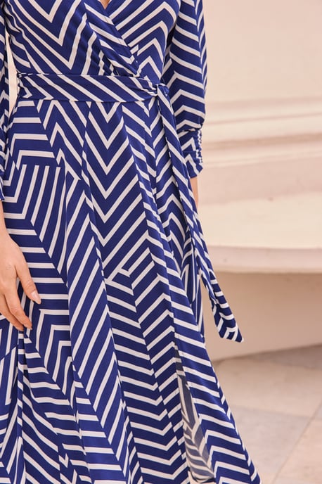 Navy Blue & White Geometric Stripe Print Wrap Dress - Image 4