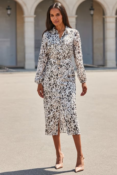 Grey Leopard Print Belted Shirt Dress - Image 1
