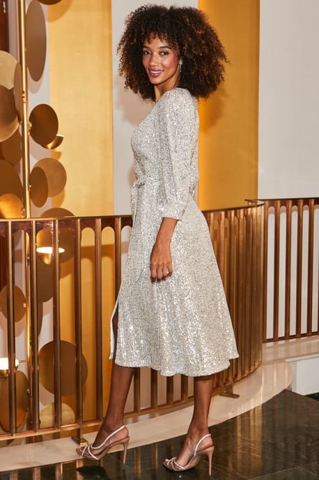 Champagne Sequin Belted Wrap Dress - Image 4
