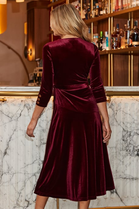 Burgundy Velvet Belted Fit & Flare Wrap Dress - Image 3