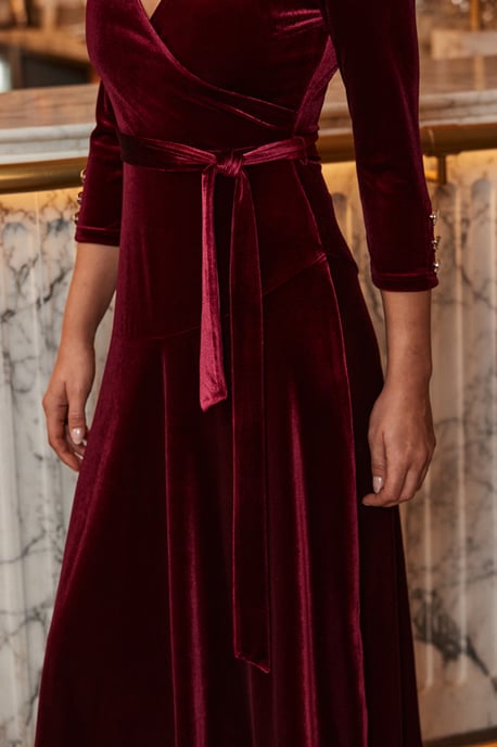 Burgundy Velvet Belted Fit & Flare Wrap Dress - Image 5