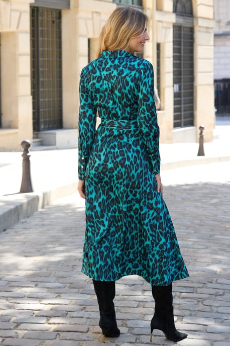 Emerald Green Animal Print Belted Shirt Dress - Image 3