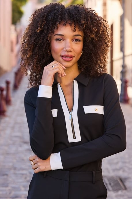 Black Contrast Trim Zip Detail Jersey Top - Image 4