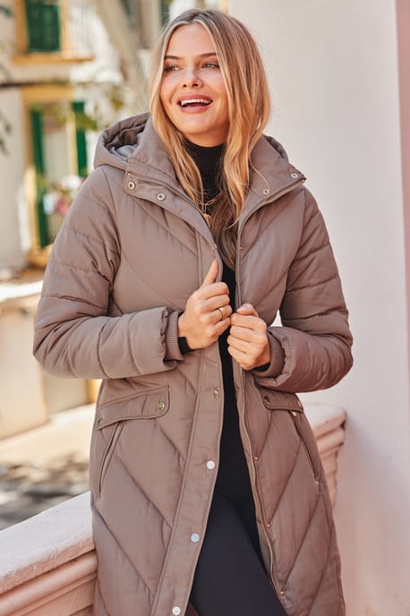 Taupe Longline Padded Coat With Belt - Image 4