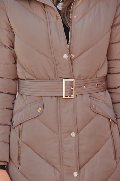 Taupe Longline Padded Coat With Belt - Image 5