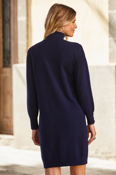 Navy Blue Roll Neck Button Cuff Knitted Dress - Image 2