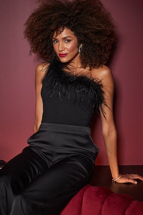 Black One Shoulder Feather Trim Top - Image 1