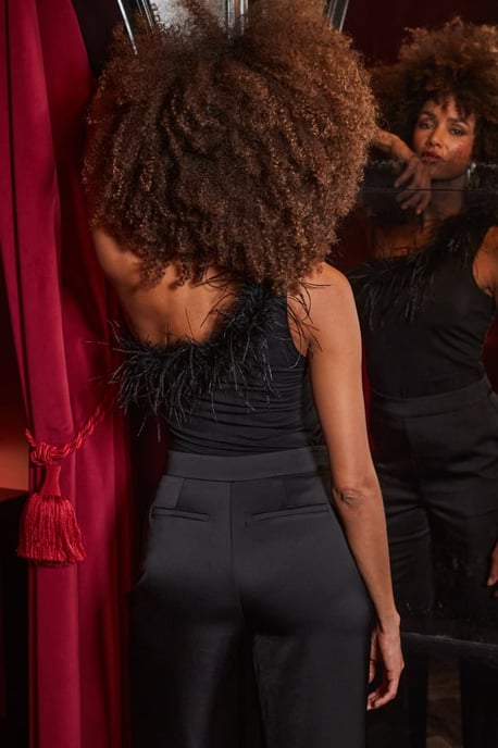 Black One Shoulder Feather Trim Top - Image 3