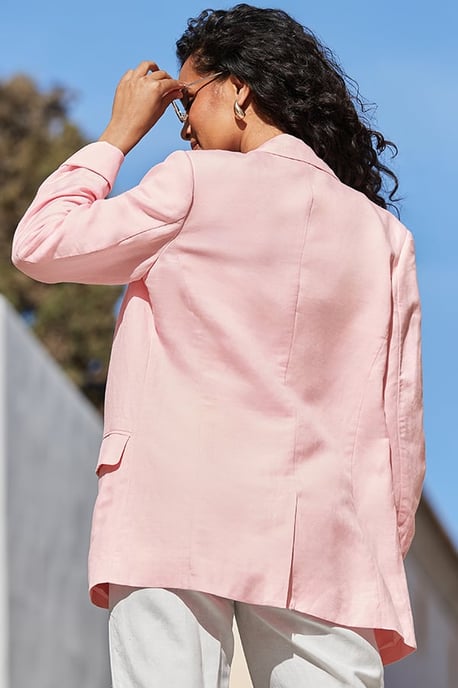 Pink Linen Blend Longline Blazer With Pearl Buttons - Image 5
