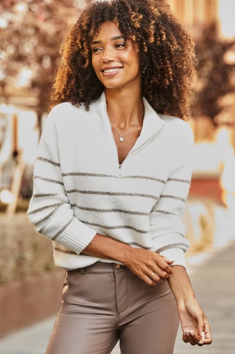 Ivory & Taupe Stripe Quarter Zip Jumper - Image 1