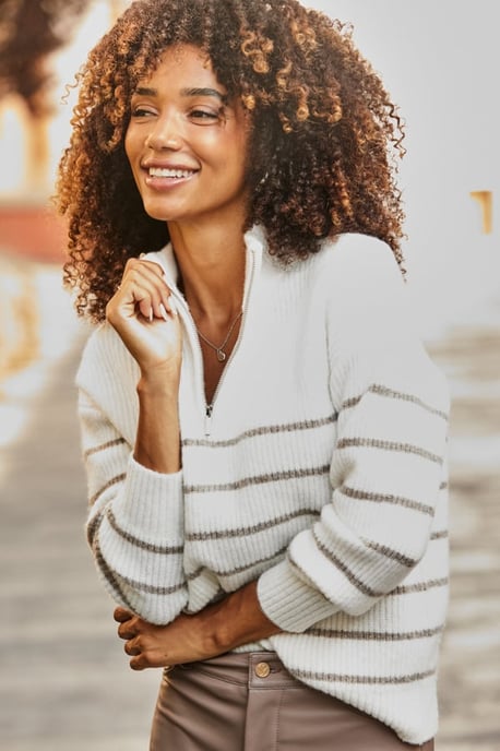 Ivory & Taupe Stripe Quarter Zip Jumper - Image 2