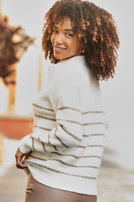 Ivory & Taupe Stripe Quarter Zip Jumper - Image 4